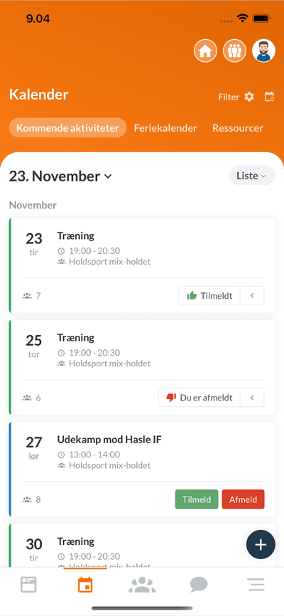 Holdsport kalender i appen